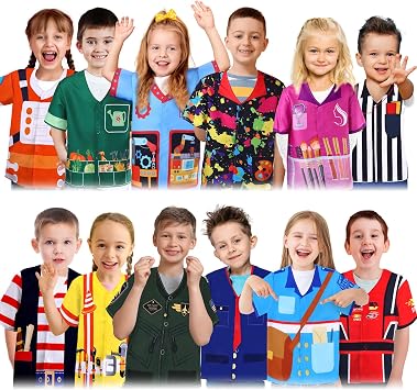 Jiuguva 12 Pcs Dress up Clothes for Kids Role Play Costume for Cosplay Career Costumes Astronaut Construction Worker Racer Engineer Pirate Painter Train Conductor Postman Pilot Barber Referee