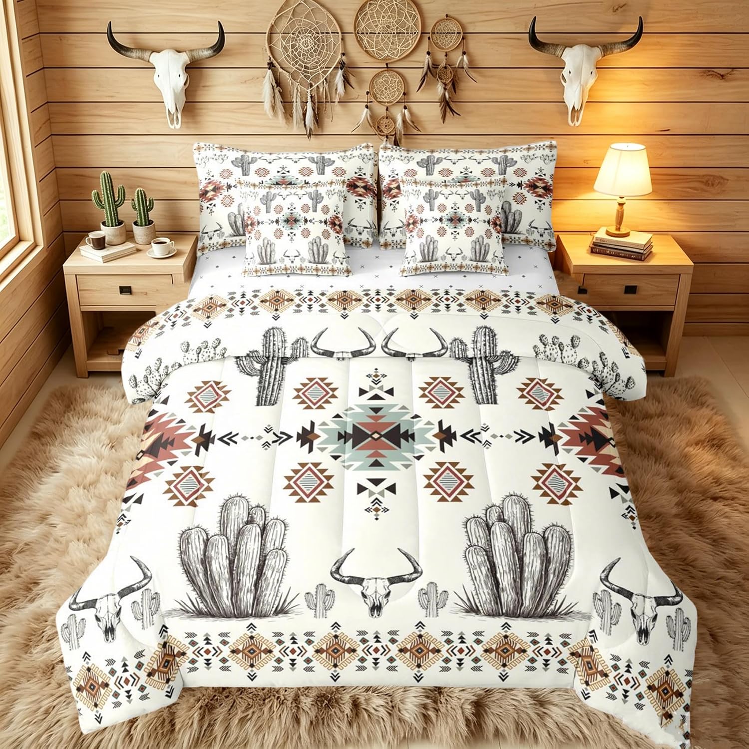 Erosebridal Khaki Southwestern King Comforter Set with Sheets 7 Piece Vintage Western Aztec Bed in A Bag Rustic Country Geometric Bedding Sets for Teens Teenager Boho Tribal Cactus Bull Skull Bed Set