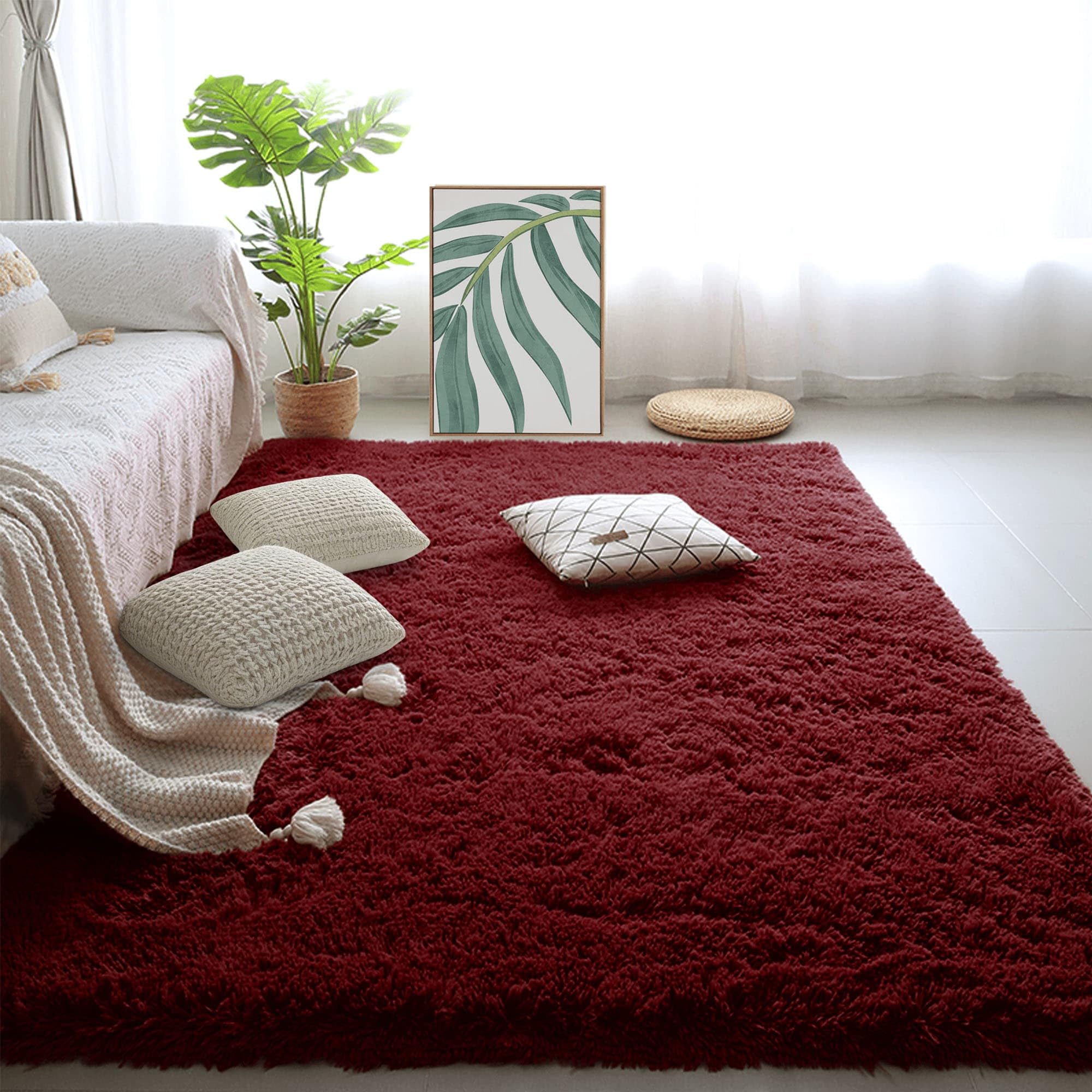 Tapis moderne à poils longs vin rouge 200x320 cm pour grand salon et chambre