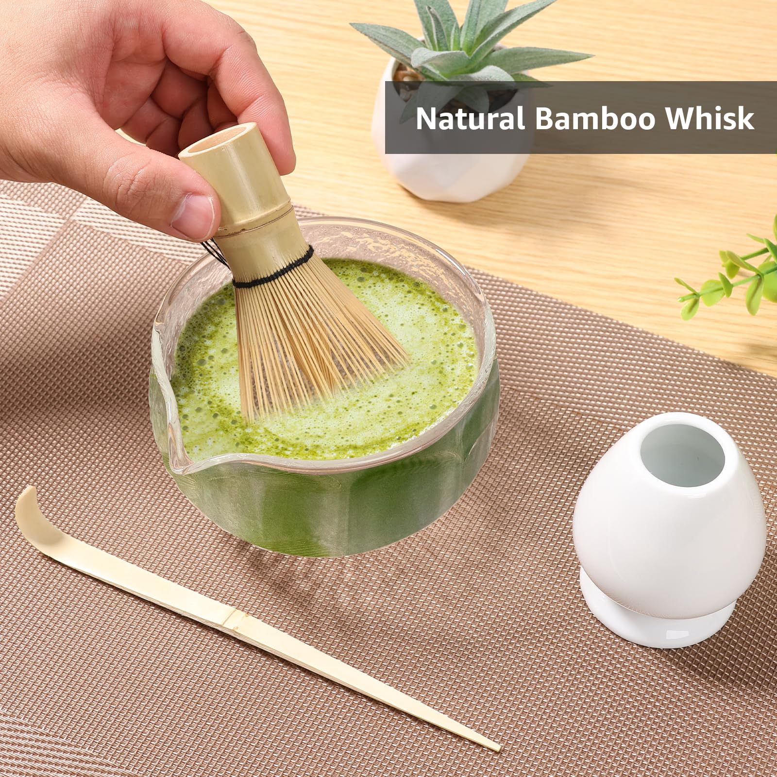 LVYUDS Style Japonais Matcha Kit Céramique Bol Matcha Fait Main Bambou Fouet Cuillère à Café, Classique Kit Thé Matcha Moment de Détente Amateurs de Thé Indispensable(Purple Bamboo B