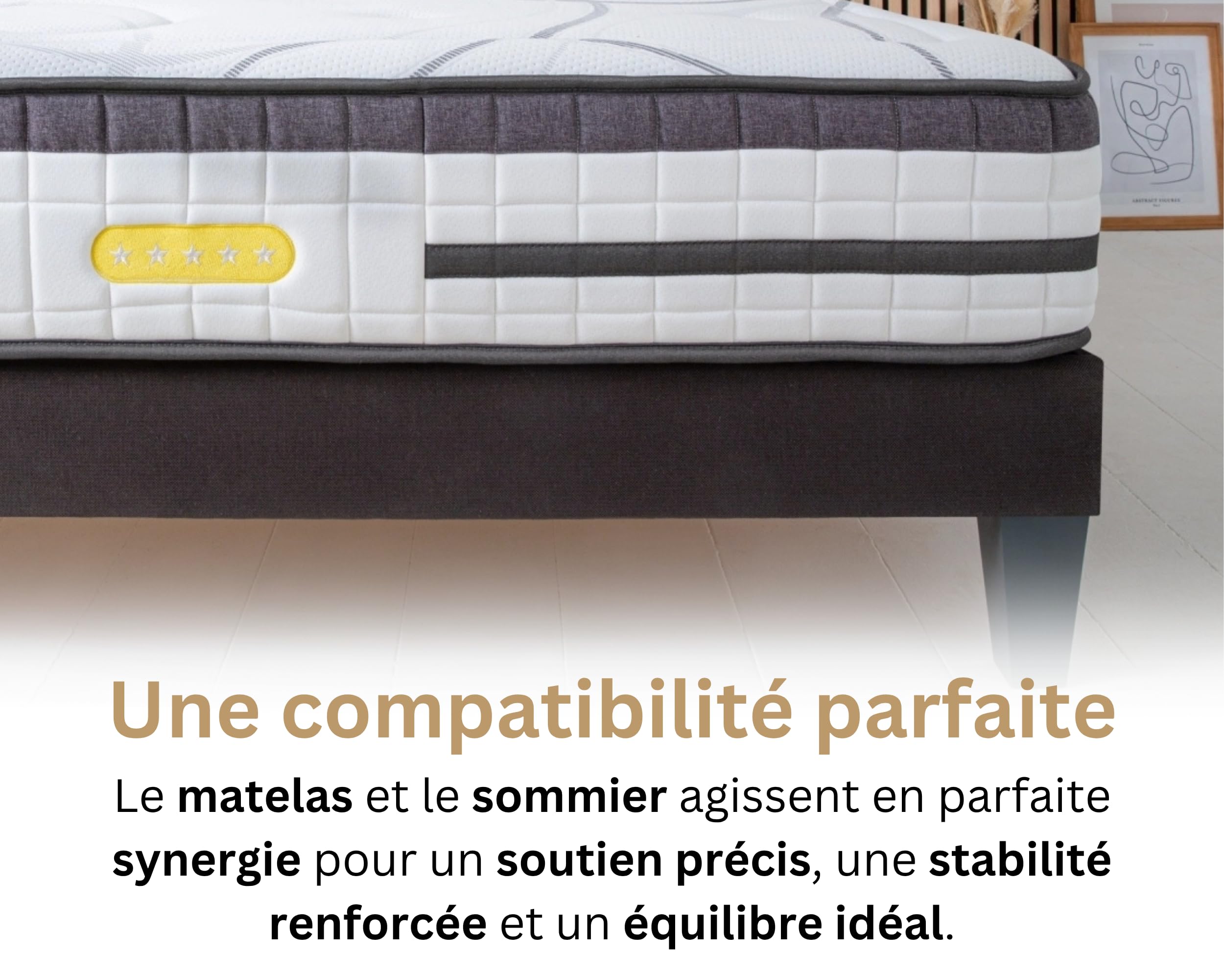 Maison Aubertin - Ensemble Matelas Sommier Hybride Concorde 160x200, Ép 56, 858 Ressorts Ensachés & Mémoire de Forme Haute Densité 60 kg/m³, Lit en Bois Massif, 2 Personnes, Ergonomique