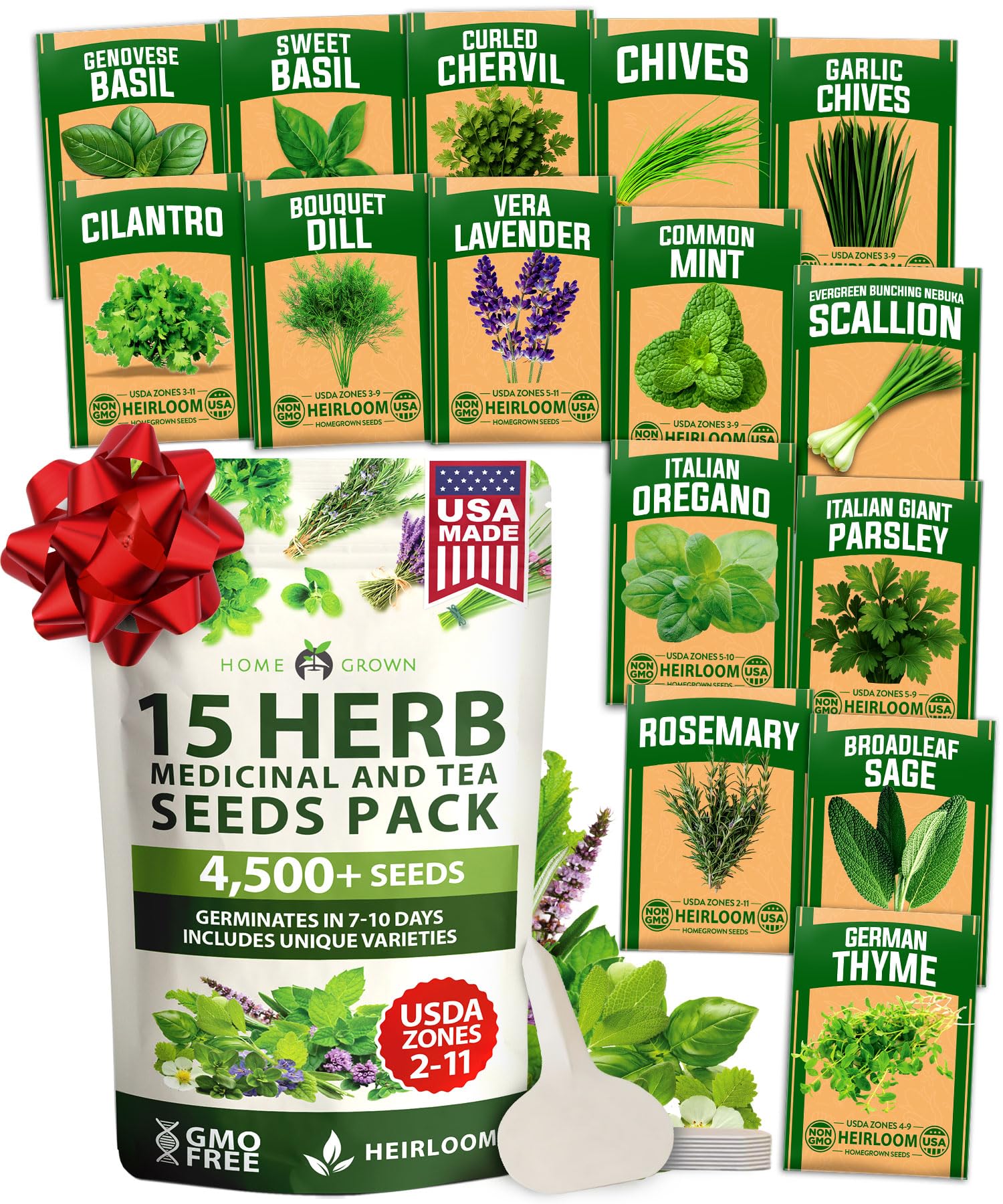 HOME GROWN15 Herb Seeds for Planting 4,500+ Non-GMO Heirloom Seeds | Extra Large Variety Pack Herb Kit – Indoor Outdoor & Hydroponic | Culinary Seed Set | Grow Your Own Herbs | Gardening Gift
