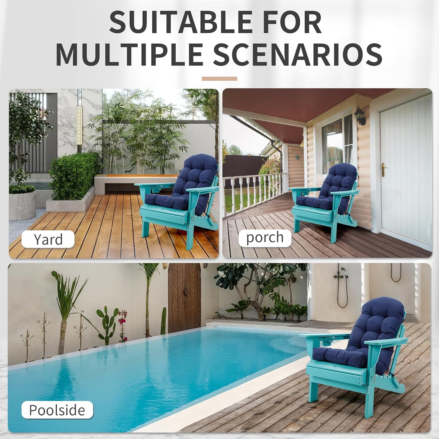 Adirondack Chair Cushion, High Back Patio Chair Cushions 48 x 19.7 x 4.7 Inch, Indoor/Outdoor Thickened Rocking Chair Cushion, Fade-Resistant & Waterproof (Dark Blue, Set of 1)