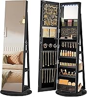 SONGMICS UJJC007B01 Lockable Jewelry Armoire: 6 LED Lights, 360° Swivel Full-Length Mirror Cabinet, Massive Storage Organizer Black