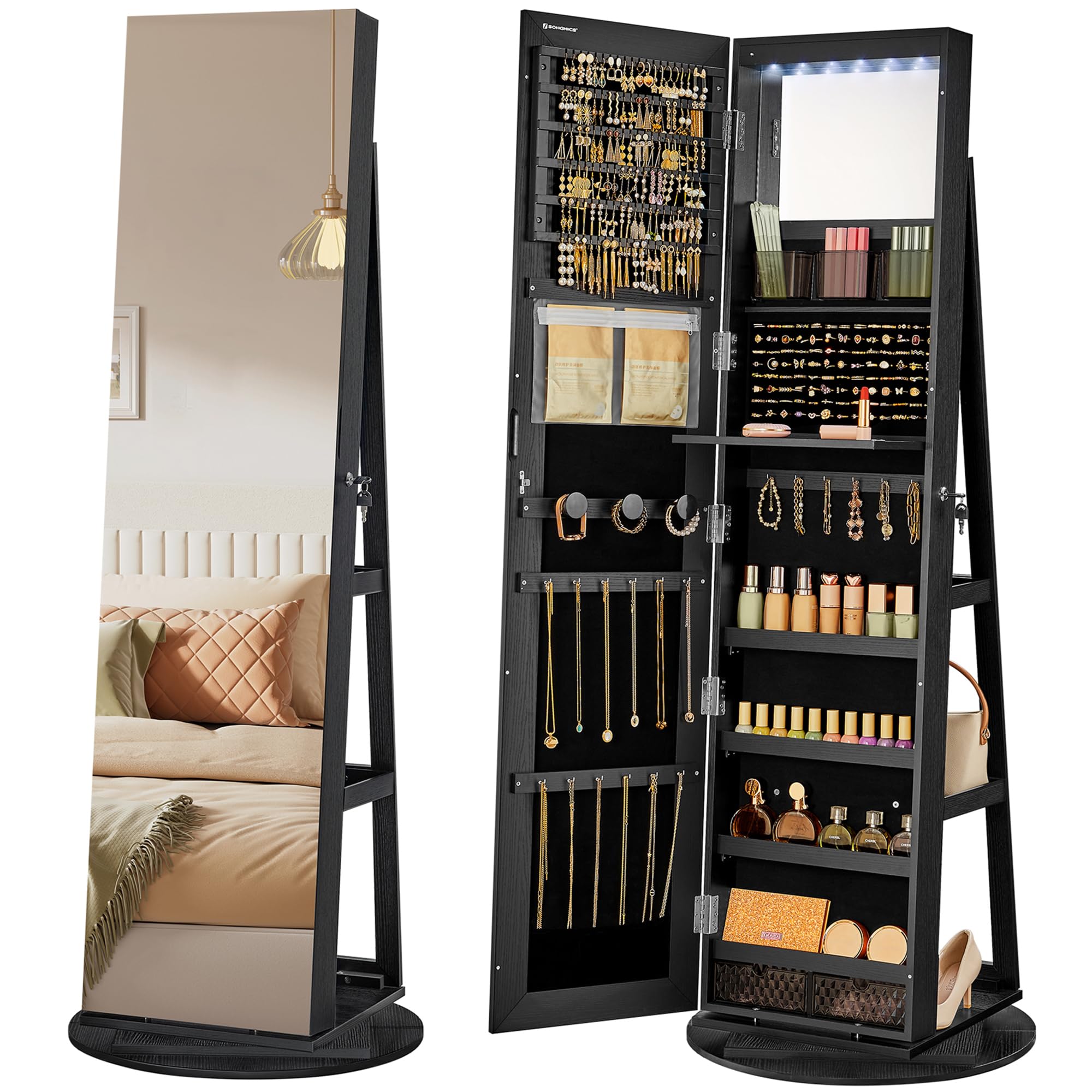 SONGMICS 6 LEDs Lockable Mirror Jewelry Cabinet, 360° Swivel Jewelry Organizer Armoire Standing, Frameless Full-Length Mirror, 3 Storage Shelves, Black Surface, Black Lining UJJC007B01