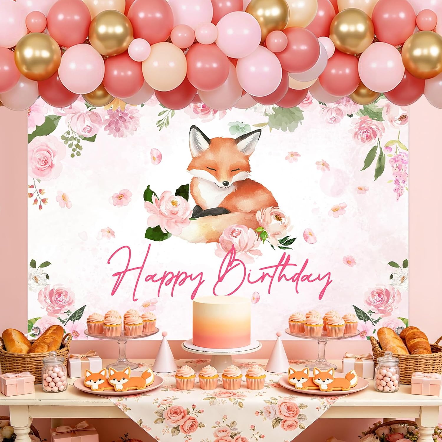 Fox Birthday Party Decorations for Girl Pink Floral Woodland Balloon Garland Arch Kit with 5x3ft Backdrop, Blush Apricot Gold Latex Balloons Set for Kids Birthday Photo Booth Background Decor