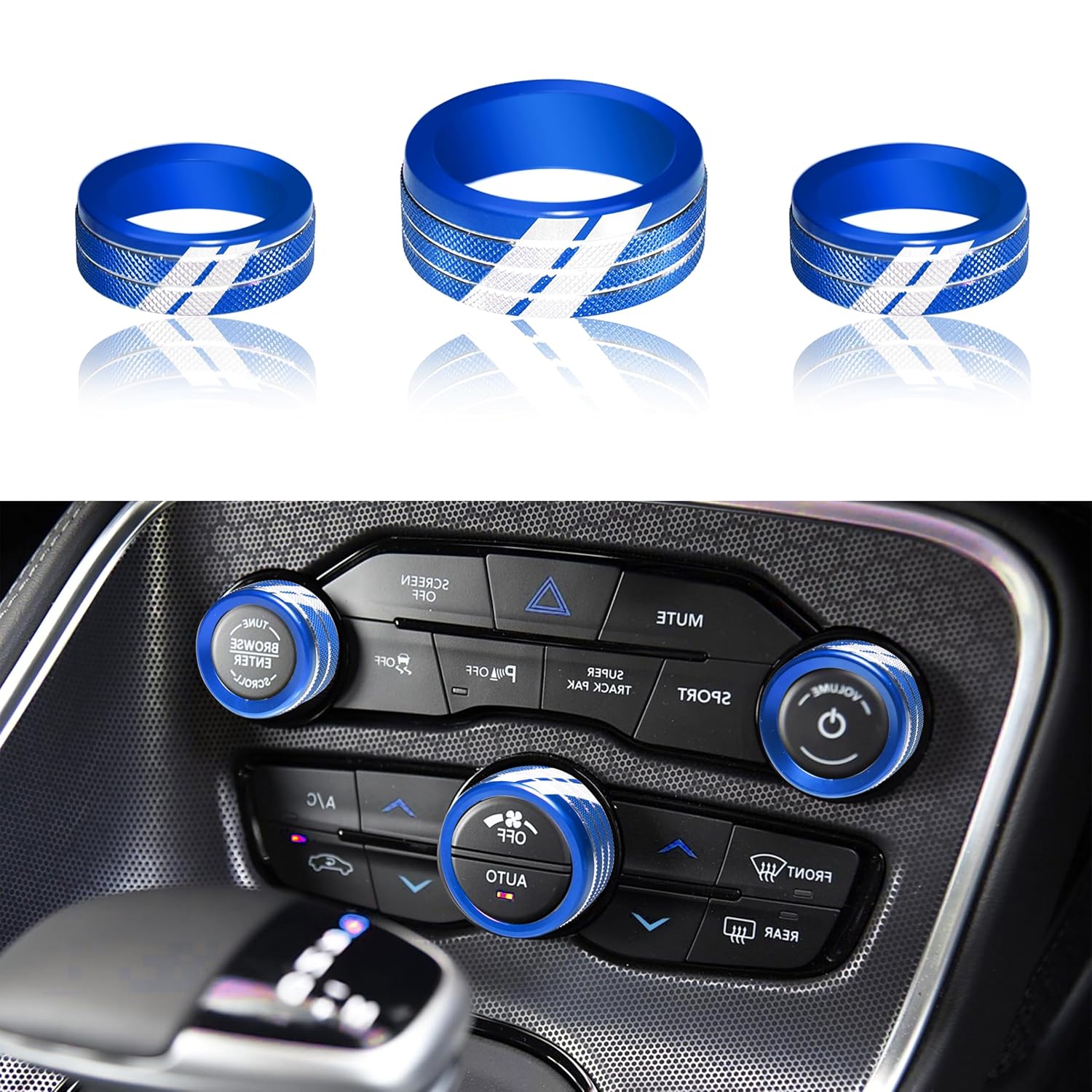 YOSRTER 3PCS Aluminum Control Knob Cover for Dodge Challenger Charger 2015-2024 AC Climate Switch Volume Tune Button Knob for Chrysler 300 300s 2015-2024 RAM 2013-2018（Black）