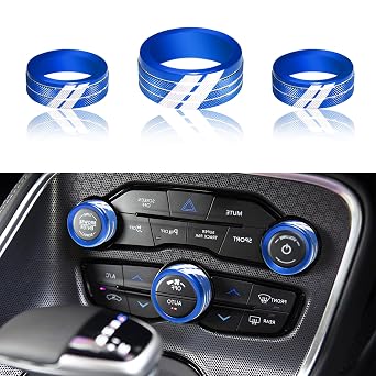 YOSRTER 3PCS Aluminum Control Knob Cover for Dodge Challenger Charger 2015-2024 AC Climate Switch Volume Tune Button Knob for Chrysler 300 300s 2015-2024 RAM 2013-2018Blue