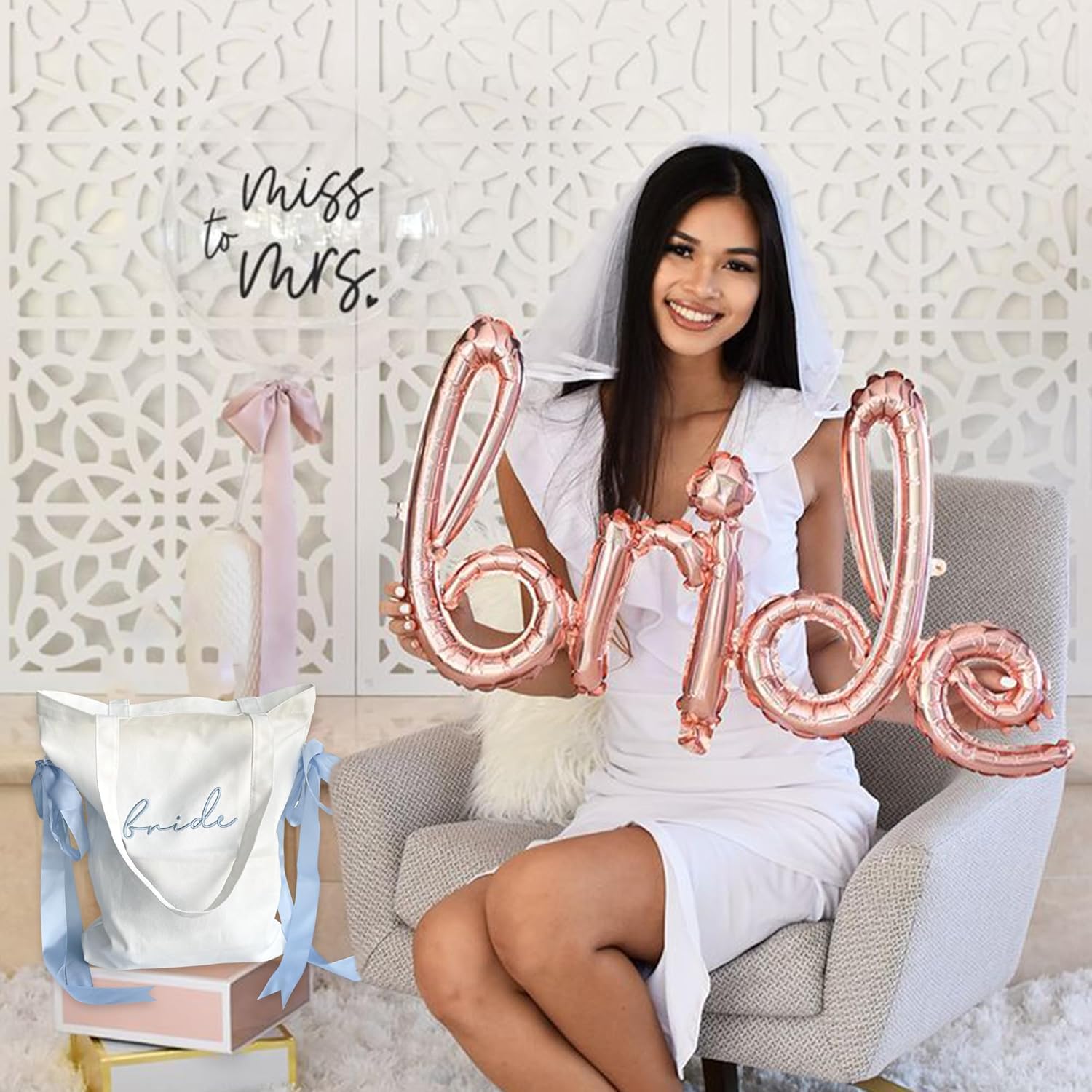 LADY & HOME Bride Tote Bag Blue Satin Bows Bag for Bridal Shower Wedding Honeymoon Gifts - Image 7