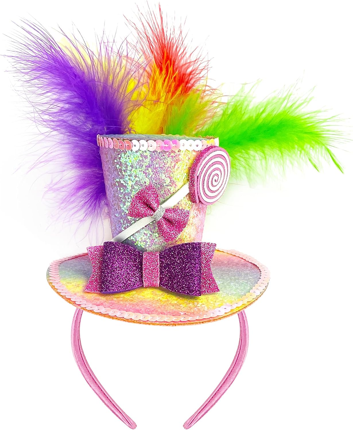 Hikkcos Mini Top Hat Headband with Feathers Mardi Gras Costume Parade Halloween Valentines Day Lollipop Theme Party Supplies