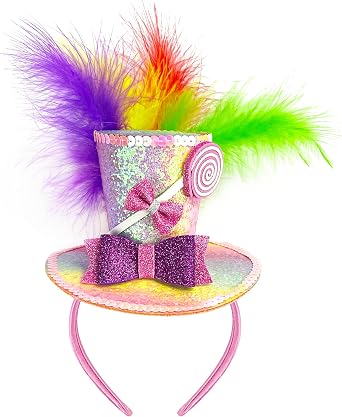 Hikkcos Mini Top Hat Headband with Feathers Mardi Gras Costume Parade Halloween Valentines Day Lollipop Theme Party Supplies