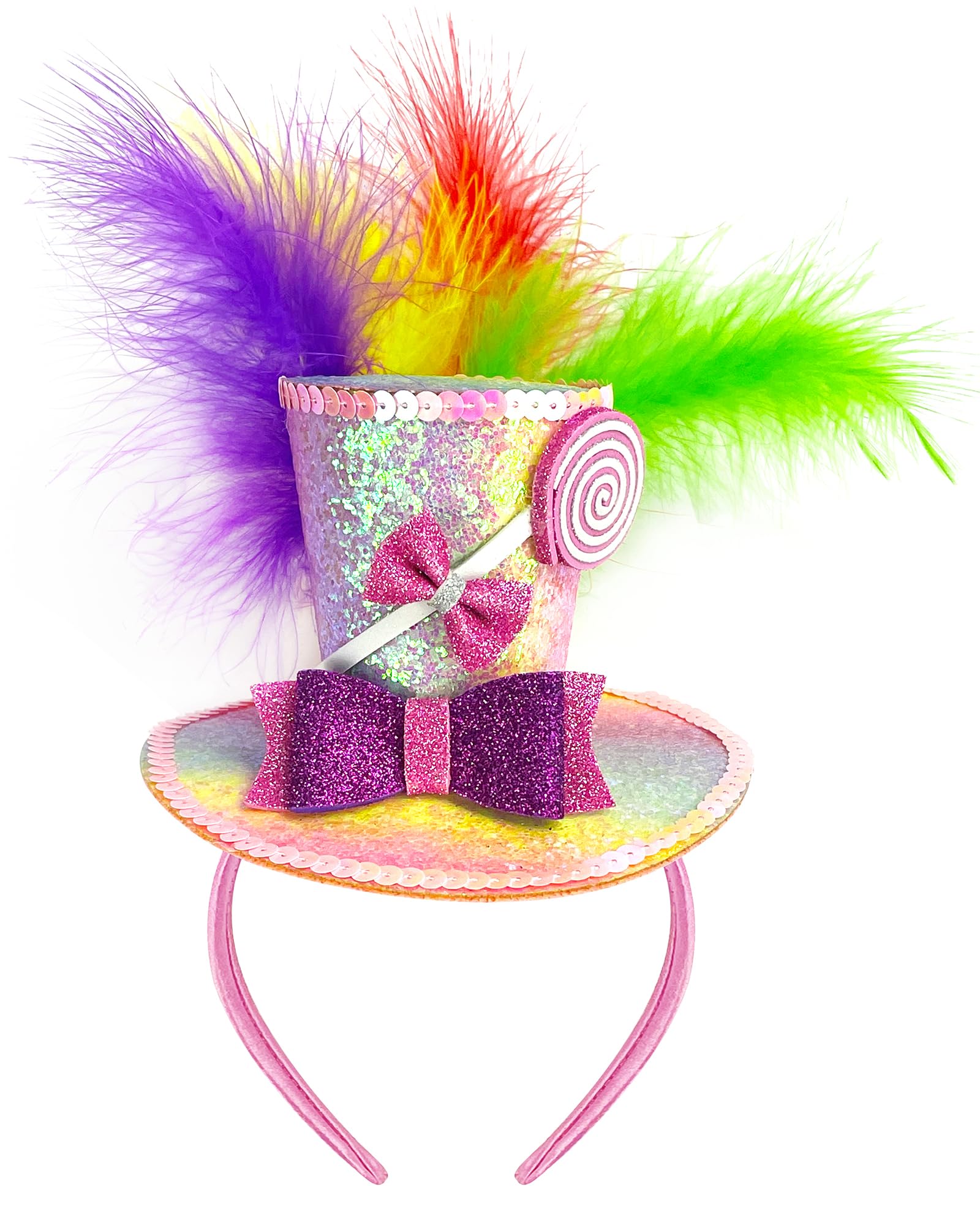 Hikkcos Mini Top Hat Headband with Feathers Mardi Gras Costume Parade Halloween Valentines Day Lollipop Theme Party Supplies