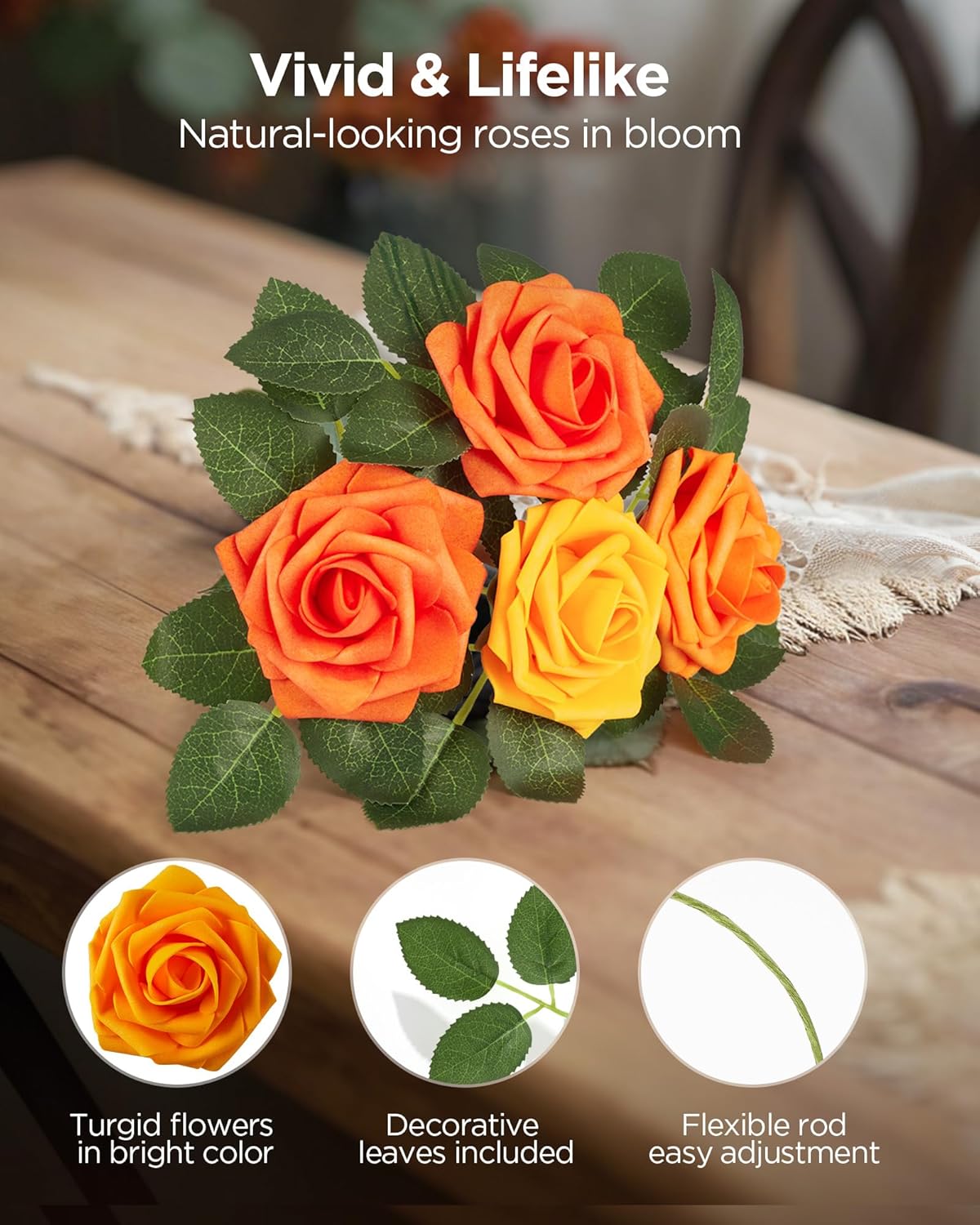 InnoGear Artificial Flowers, 50 Pcs Shades of Orange Foam Fake Roses Bulk with Stems for Autumn Fall Decoration DIY Wedding Bouquets Centerpieces Bridal Shower Party Christmas Tree - Image 2