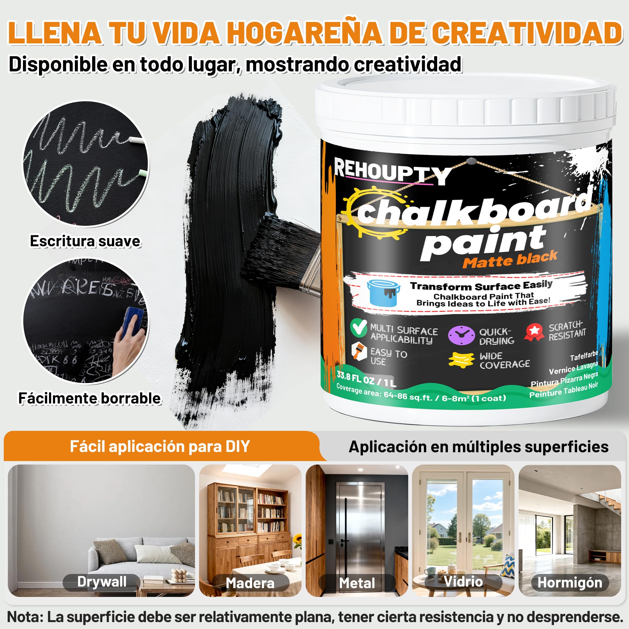 Pintura Pizarra Negra - Pintura Para Pizarrón Negro Mate, 1L Aplicación Fácil Y De Brocha Revestimiento Acrílico, Terminado De Pizarrón Para Madera, Metal, Muebles, Paredes Y Manualidades Cubre 6-8m²