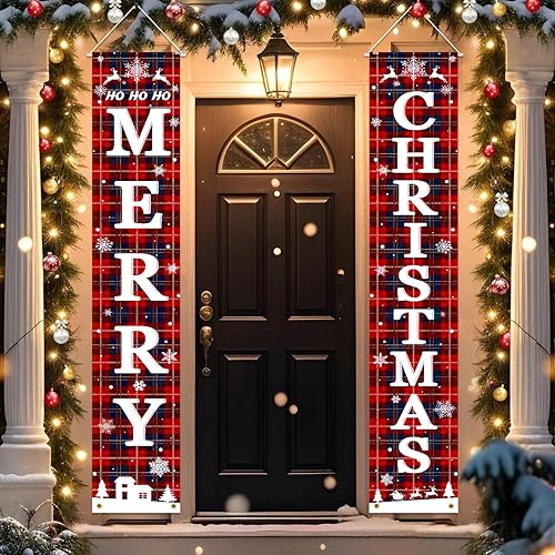 Decoración ideal para puerta de porche de Navidad, grande de 71 x 12 pulgadas, pancarta de Feliz Navidad, diseño clásico, tela HQ, impresión HD,