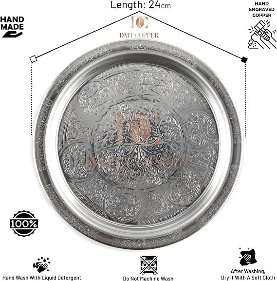 430 Kalite Krom Çelik Osmanlı Motifli Tepsi, 24 cm, Fırına Uygun, Kulplu, Kebap ve Restoran Sunumu için, 6 Adet