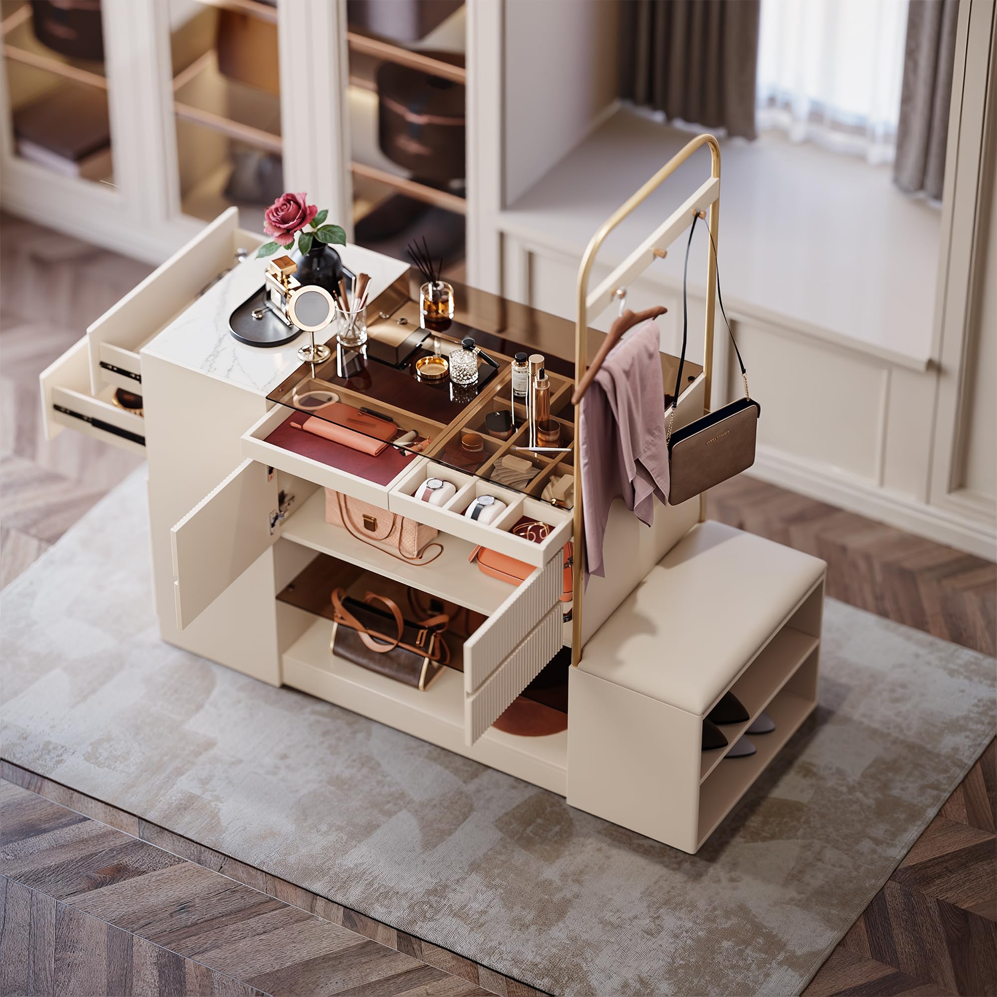 glass top dresser homary Walk-in Closet Island with Jewelry Storage, Closet Island with Valet Rack & Bench, 60