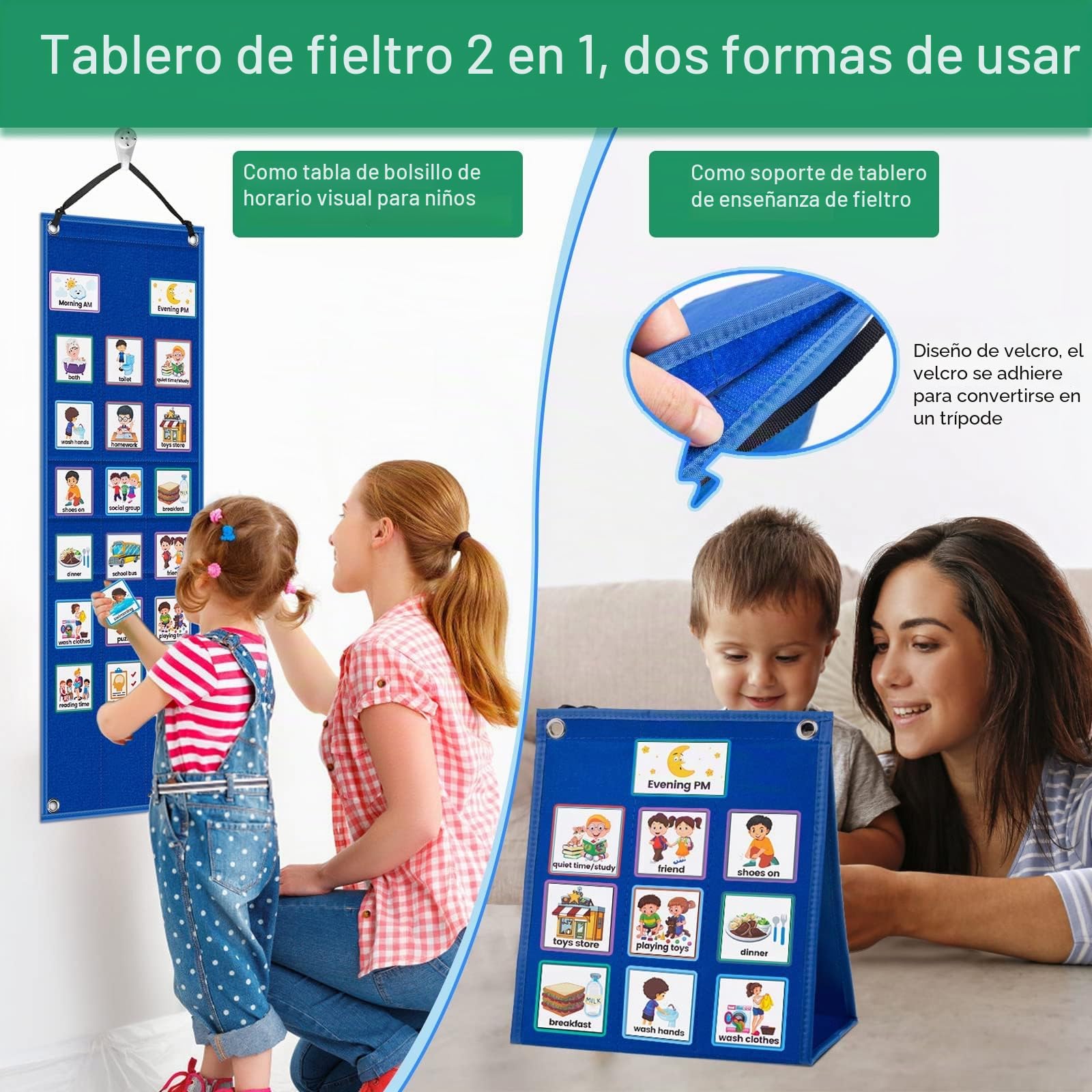KIKIGOAL Tabla de calendario visual para niños, 2 en 1, tabla de rutinas de tareas diarias para autismo con 70 tarjetas