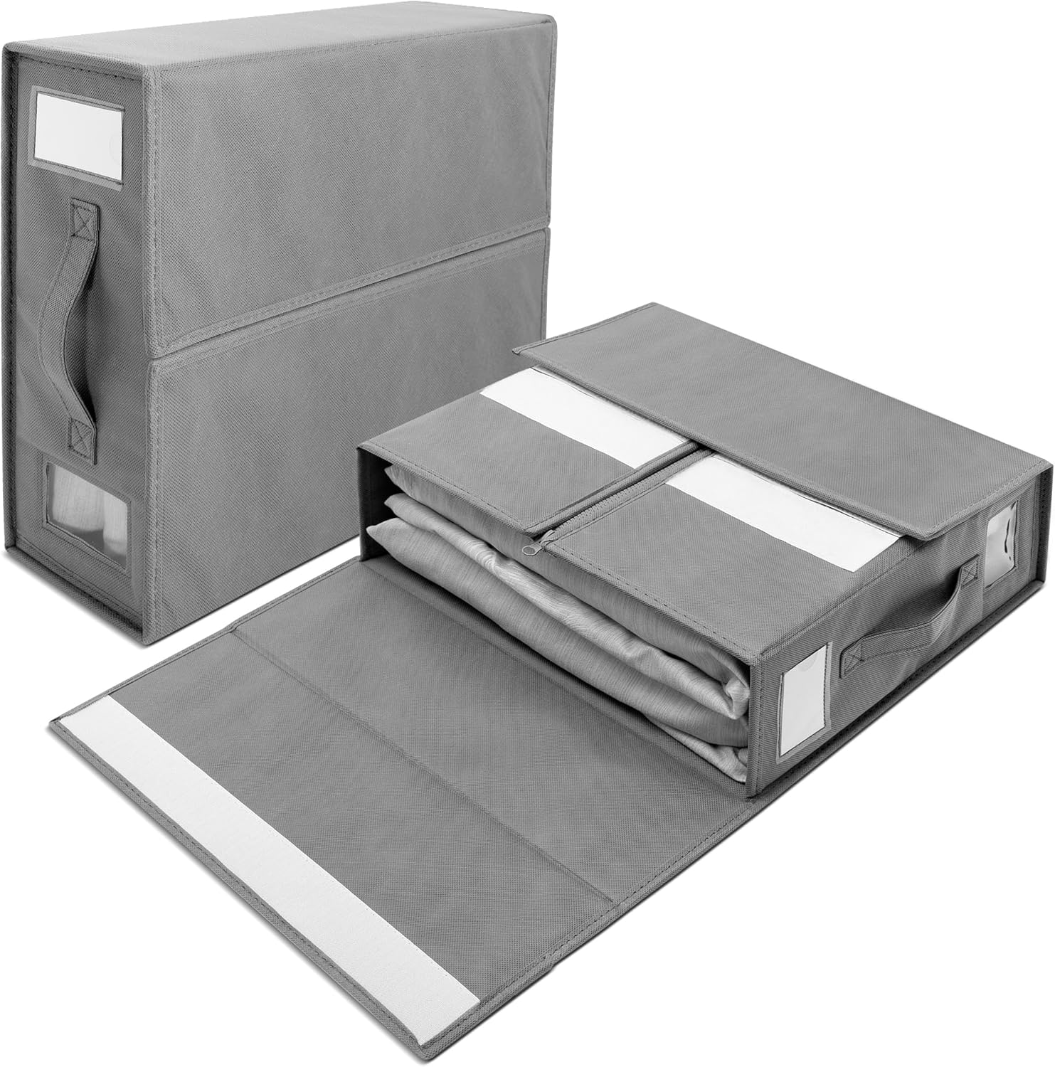 Bed Sheet Organizers and Storage 2 Pack, Foldable Sheets Set Organizer for Linen Closet, Bedding Storage Box for Blankets, Comforters, Pillow Cases and Duvet Covers - Grey