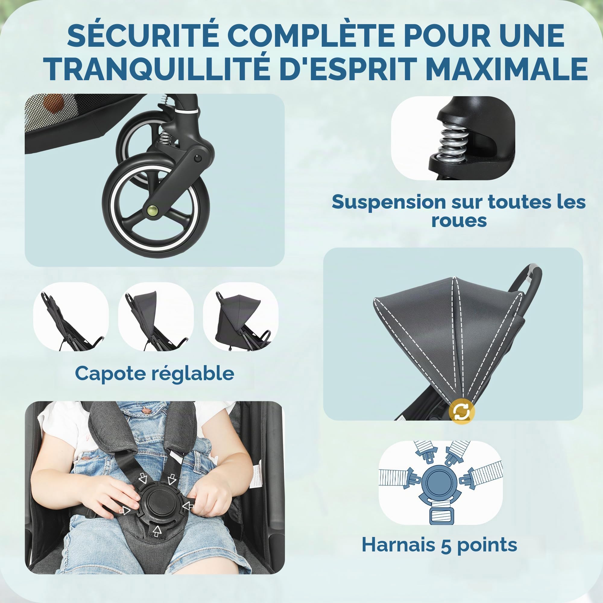 AIYAPLAY Poussette légère 6,3 kg pliable d'une main Gris | 0-3 ans, inclinaison compacte, repose-pieds réglable, auvent, roues, panier de rangement, jusqu'à 15 kg