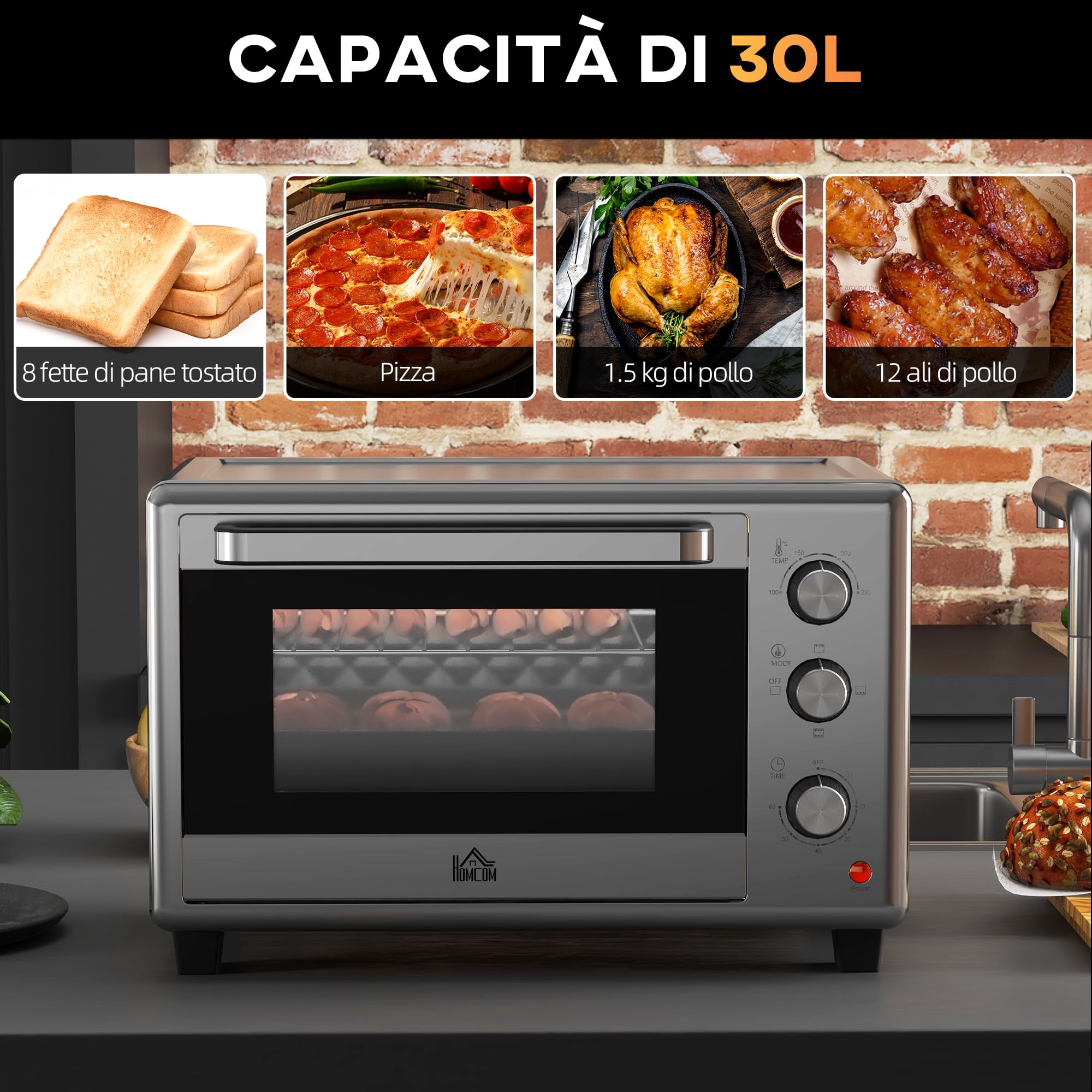 HOMCOM Fornetto Elettrico 30L, Mini Forno Elettrico 1600W, Argento