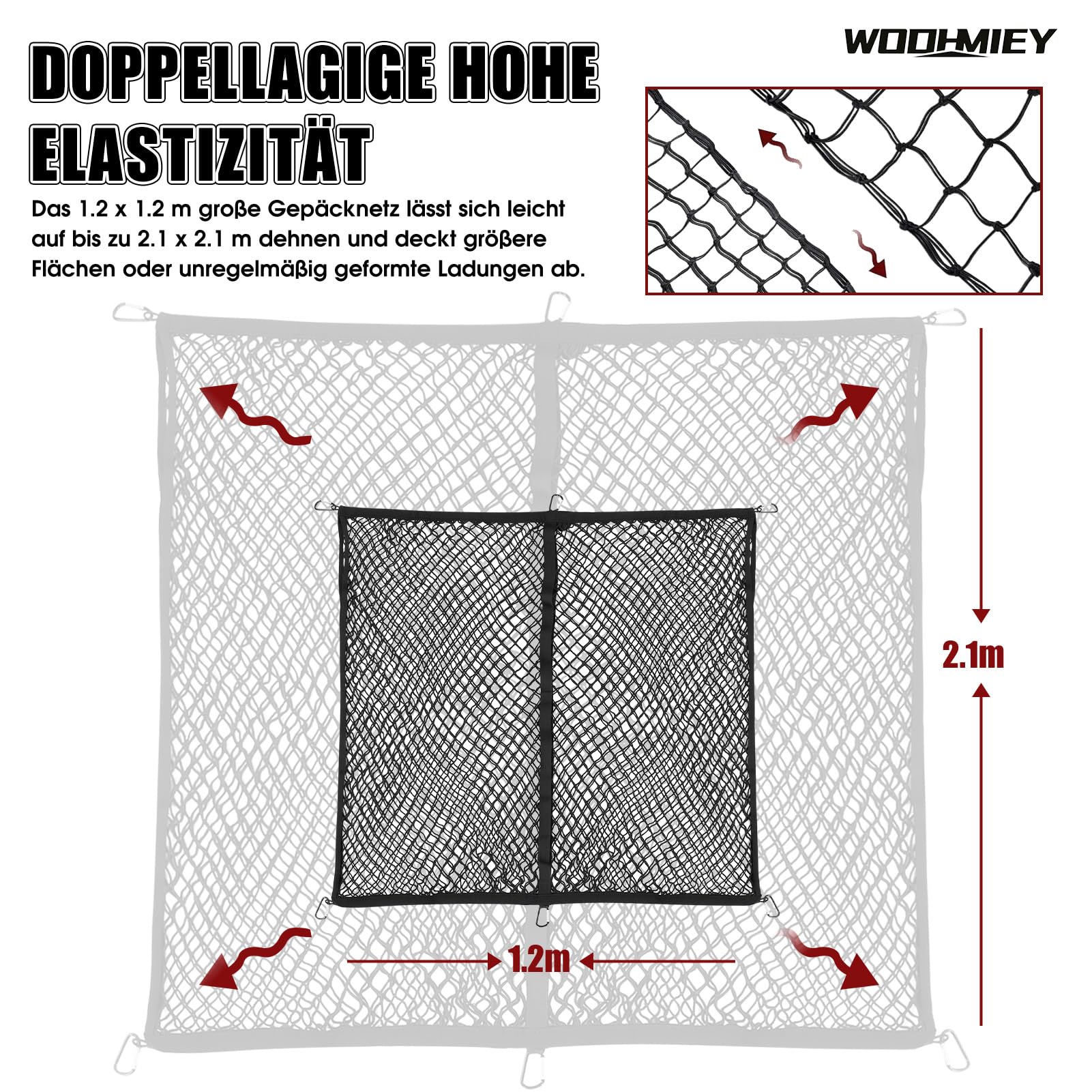 Ladungssicherungsnetz Hochelastisches Gepäcknetz LKW Pritschen Netz Doppel Lage Anti Rutsch Cargo Netz für Pickup SUV Van Offroad Transport ohne Verzurren 120x120 bis 210x210 cm 6 Metallhaken