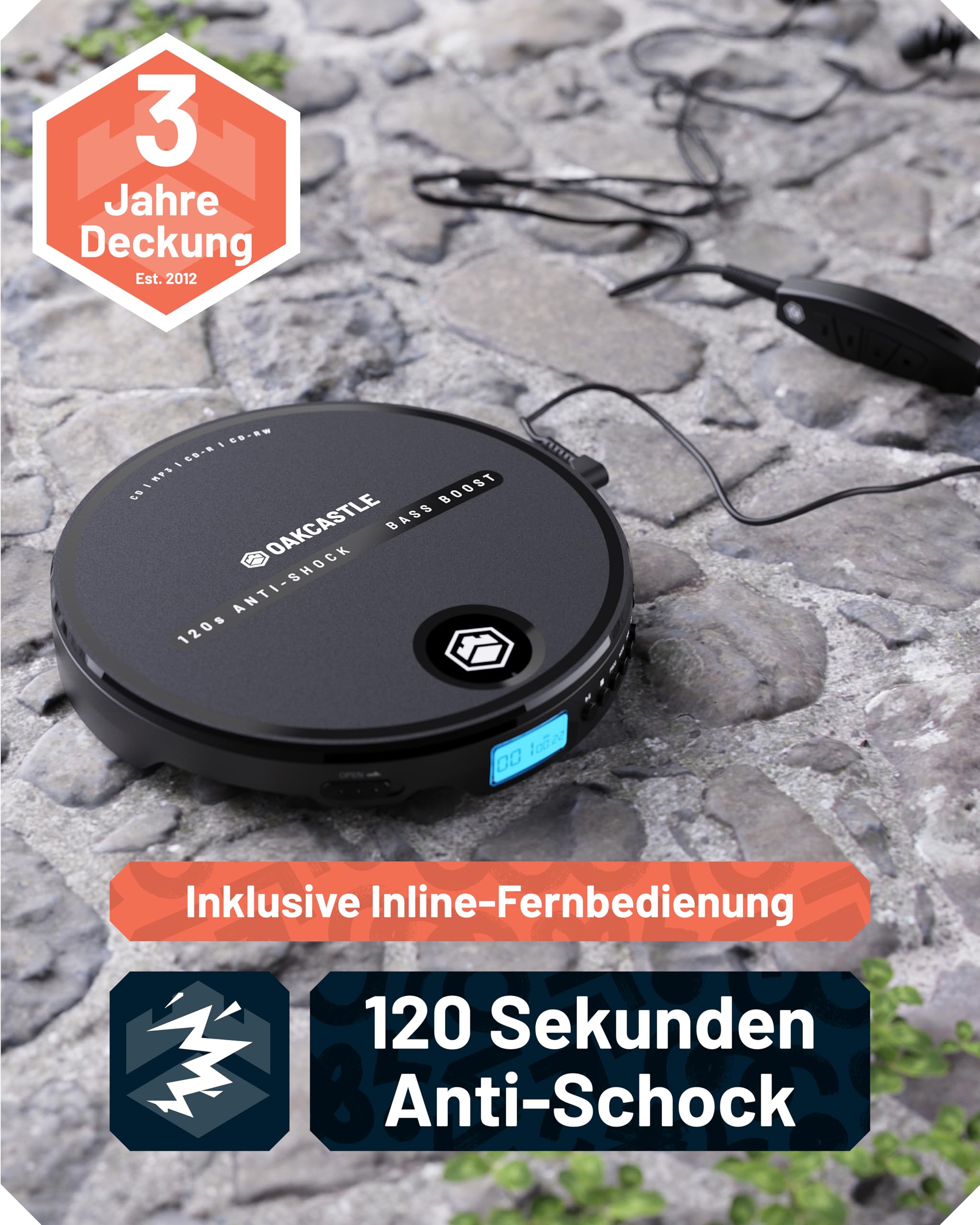 CD Player Tragbar | Discman Kopfhörern | 7 Stunden Akkulaufzeit Tragbarer | Bass Boost CD Spieler Tragbar | Anti-Skip Tragbare | AUX Auto Kompatible | OAKCASTLE CD10