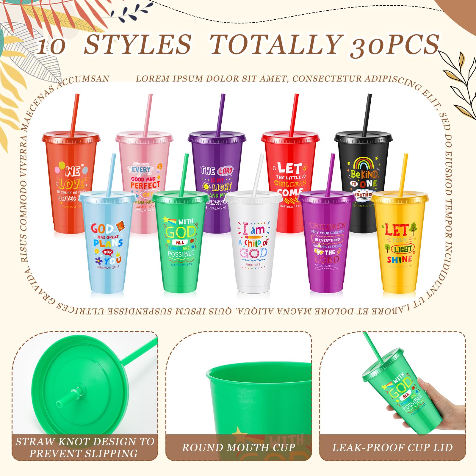 Uiifan Lot de 30 gobelets chrétiens en plastique avec couvercles et paille - 710 ml - Cadeaux chrétiens inspirants pour enfants, Noël, dimanche, école, fête religieuse