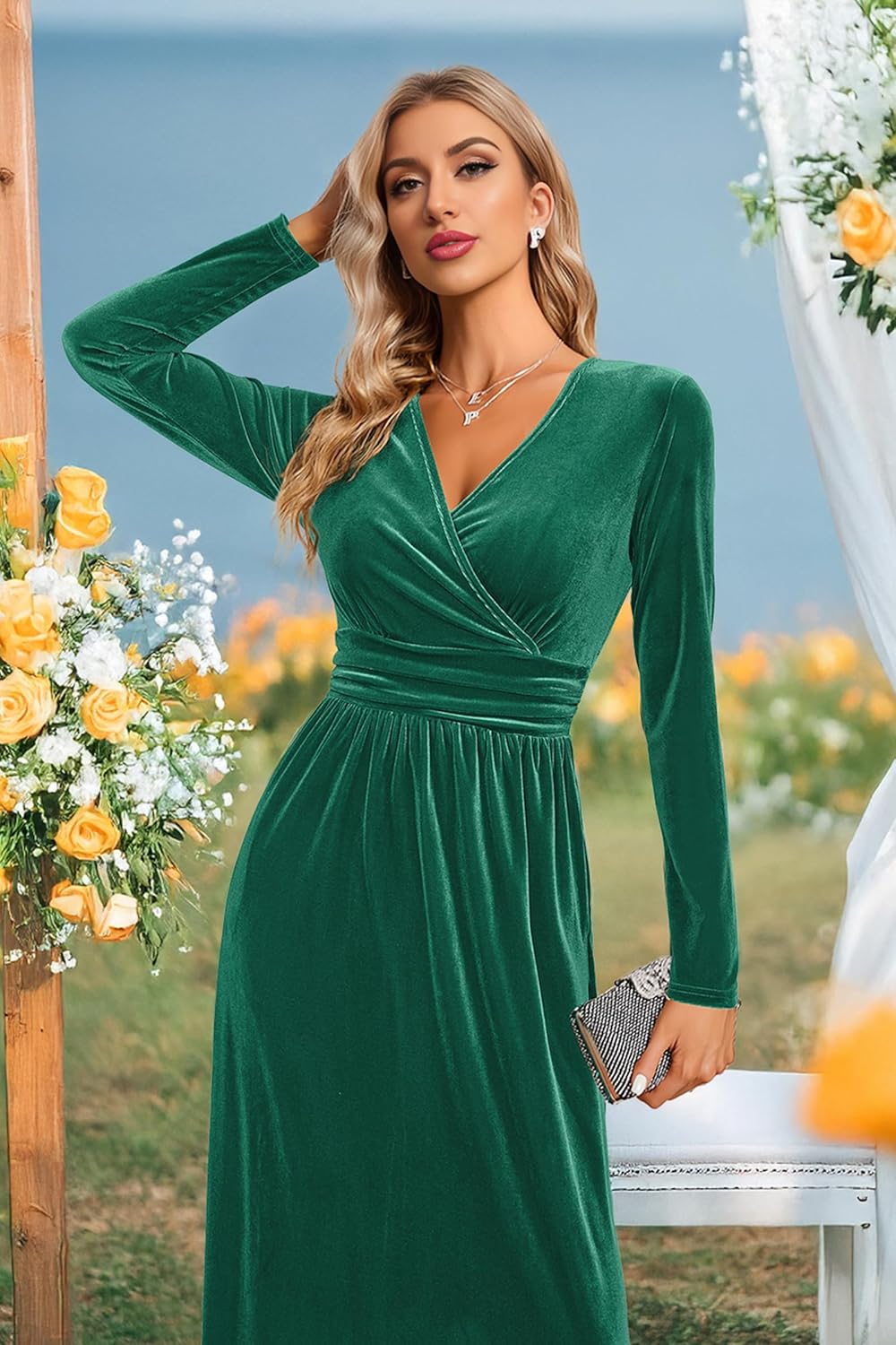 OUGES Women's Long/Short Sleeve V-Neck Wrap Waist Maxi Dress - Image 2