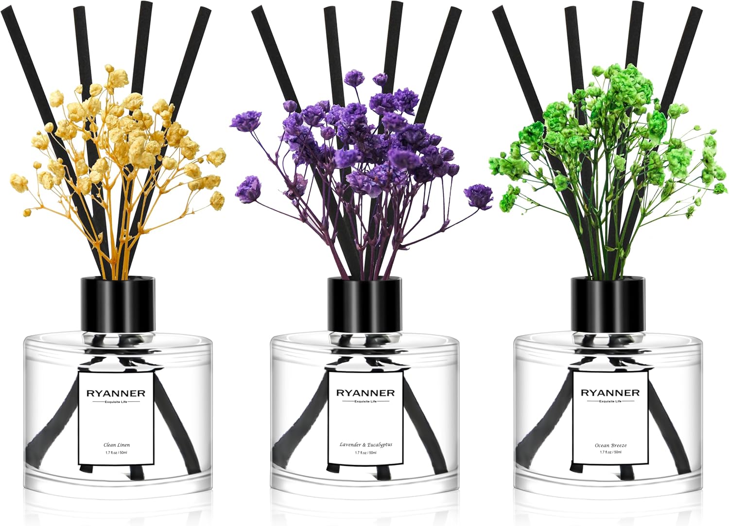 Reed Diffuser Set of 3 Pack,Clean Linen/Lavender Eucalyptus/Ocean Breeze Scented Oil Diffuser with 24 Sticks(1.7 fl oz Each Pack),Air Freshener for Bedroom Bathroom Office | Shelf Decor