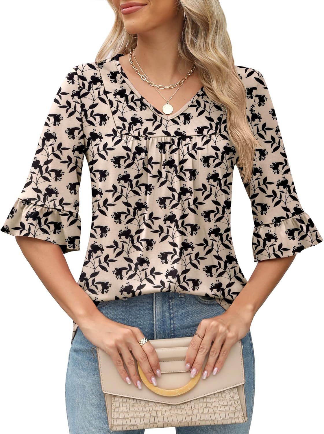 LOMON 3/4 Sleeve Tops for Women Summer Dressy Casual V Neck Shirts