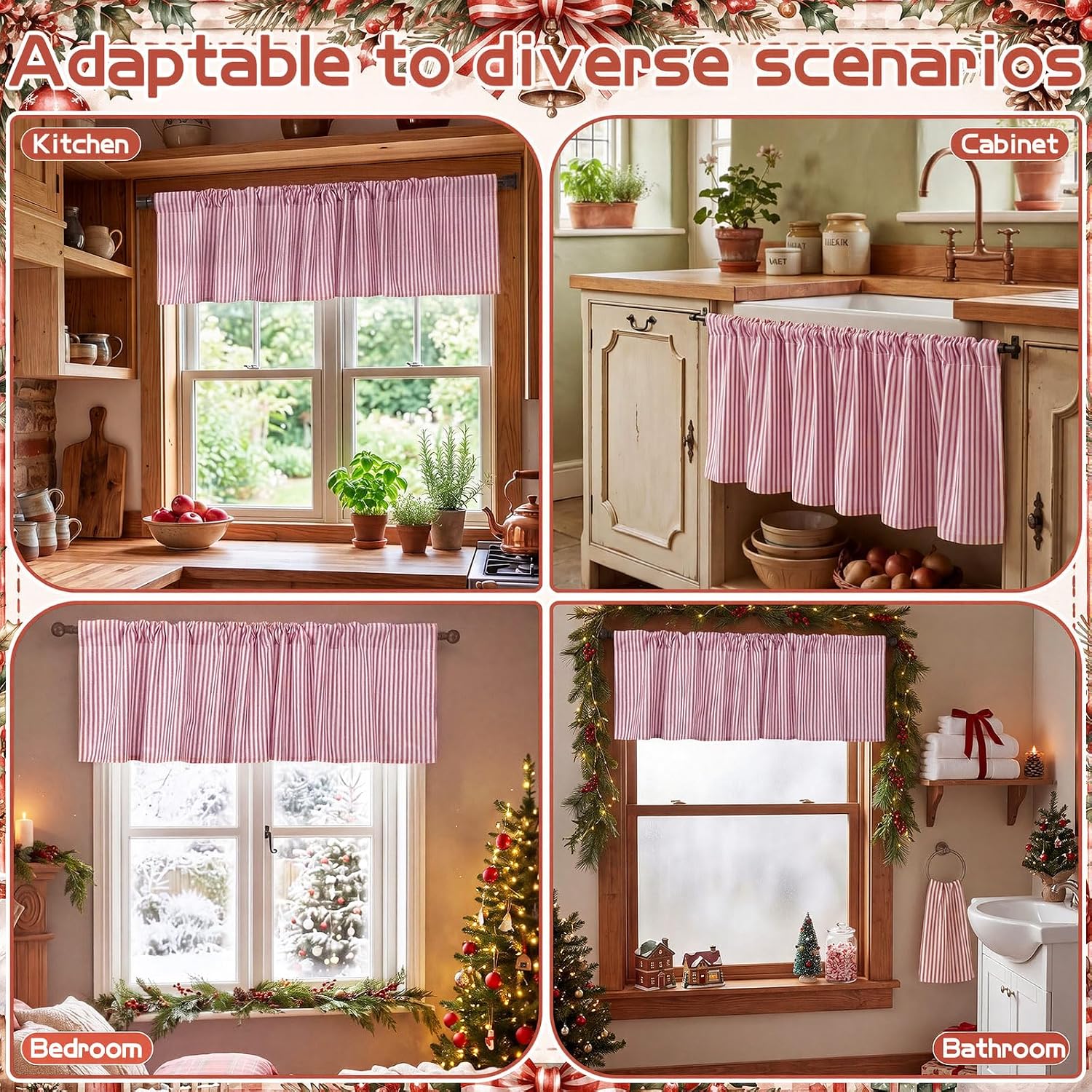 Tatuo 2 Pack Red Beige Stripe Valance Curtain Window Valances