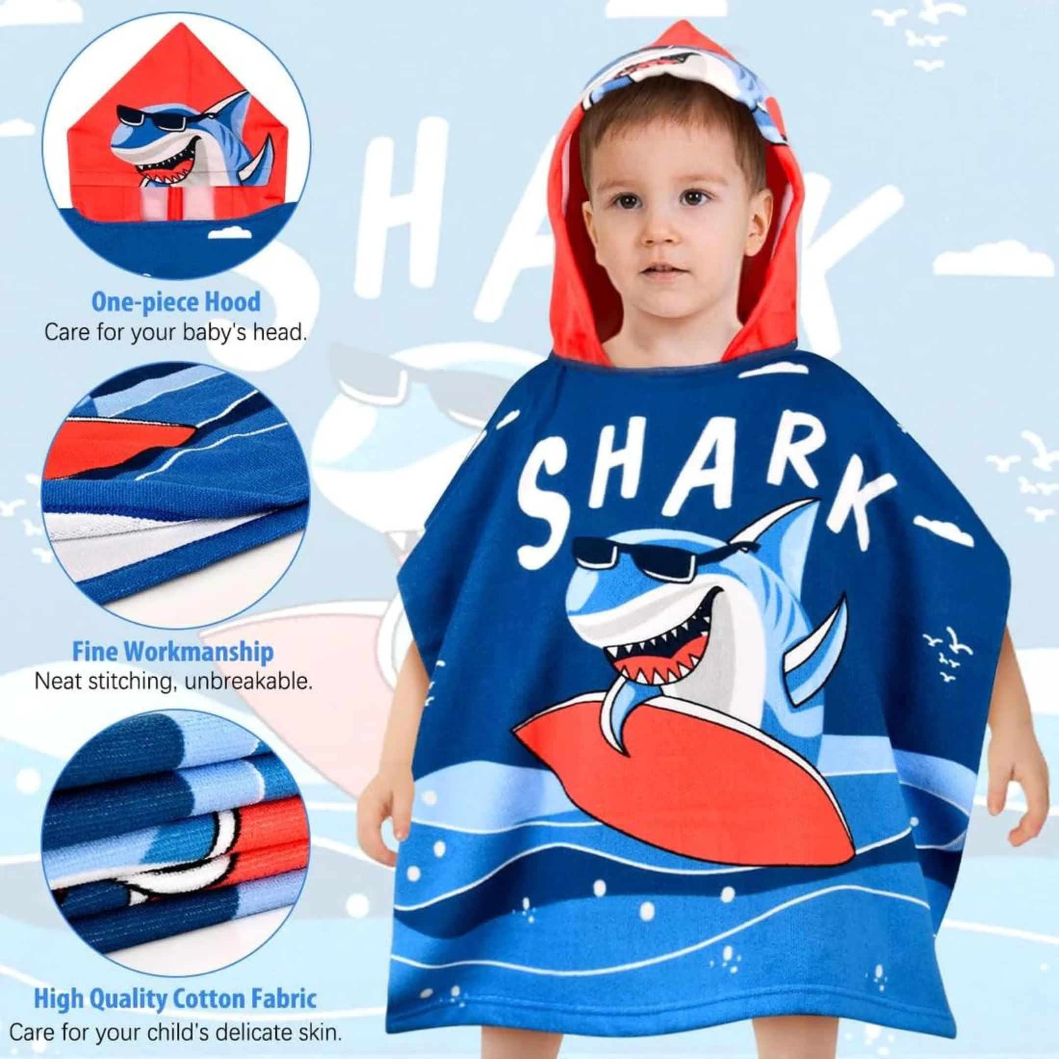 Famyo Hooded Poncho Towel for Kids 1–7 Years, Dark Blue Shark, 60 x 60 cm | Soft Quick-Dry Microfiber Kids Bath Towel | Swimming, Pool & Beach Towel for Boys & Girls for Kids 4
