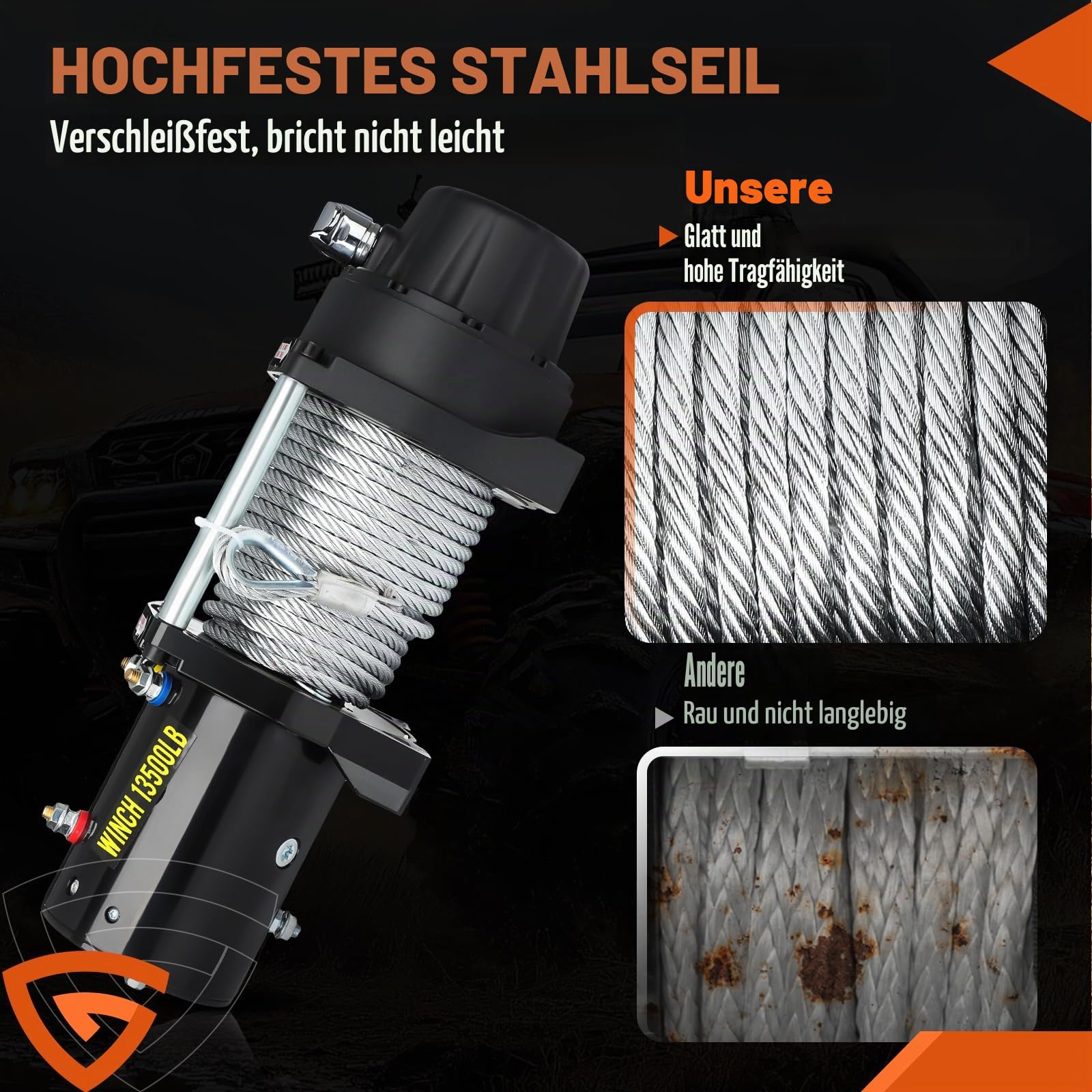 GEARMONSTER Elektrische Seilwinde 6123kg 13500lbs 12V Funkfernbedienung | Motorwinde, 2 Funkfernbedienungen, Kabelsteuerung, Abschleppen, für Jeep SUV ATV Quad Boot, wasserdicht IP67