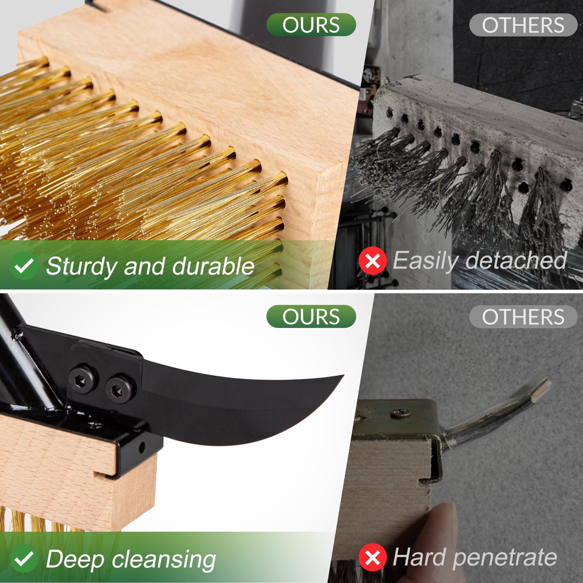 Walensee Brosse 3 en 1 pour désherbeur et mousse avec poignée réglable de 167,5 cm, brosse métallique avec 2 têtes remplaçables et grattoir pour terrasse, patio, allée, suceur plat