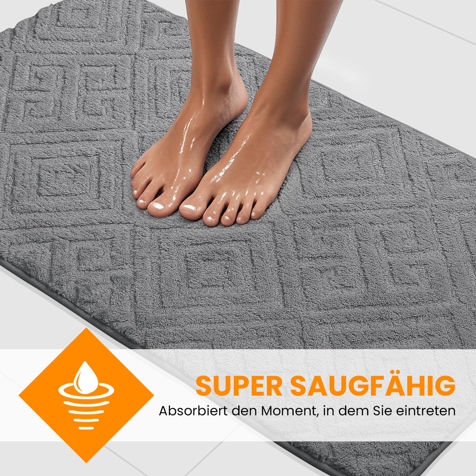 HOMELUX 2BF Lot de 2 Tapis de Bain Antidérapants - Doux et Moelleux, Gris | 40 x 50 cm (forme en U) + 50 x 80 cm (rectangulaire), absorbant l'eau, pour la salle de bain, lavable en machine
