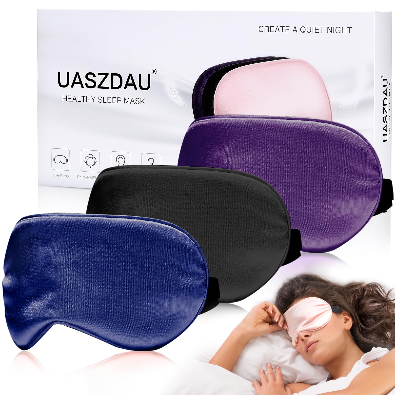 UaszdauSleep Mask Silk Eye Mask for Sleeping, Super Soft Blackout Eye Mask for Women Men, Side Sleeper Eye Covers for Sleeping with Adjustable Straps, Travel Eye Mask, 3 Pack, Black-purple-navy