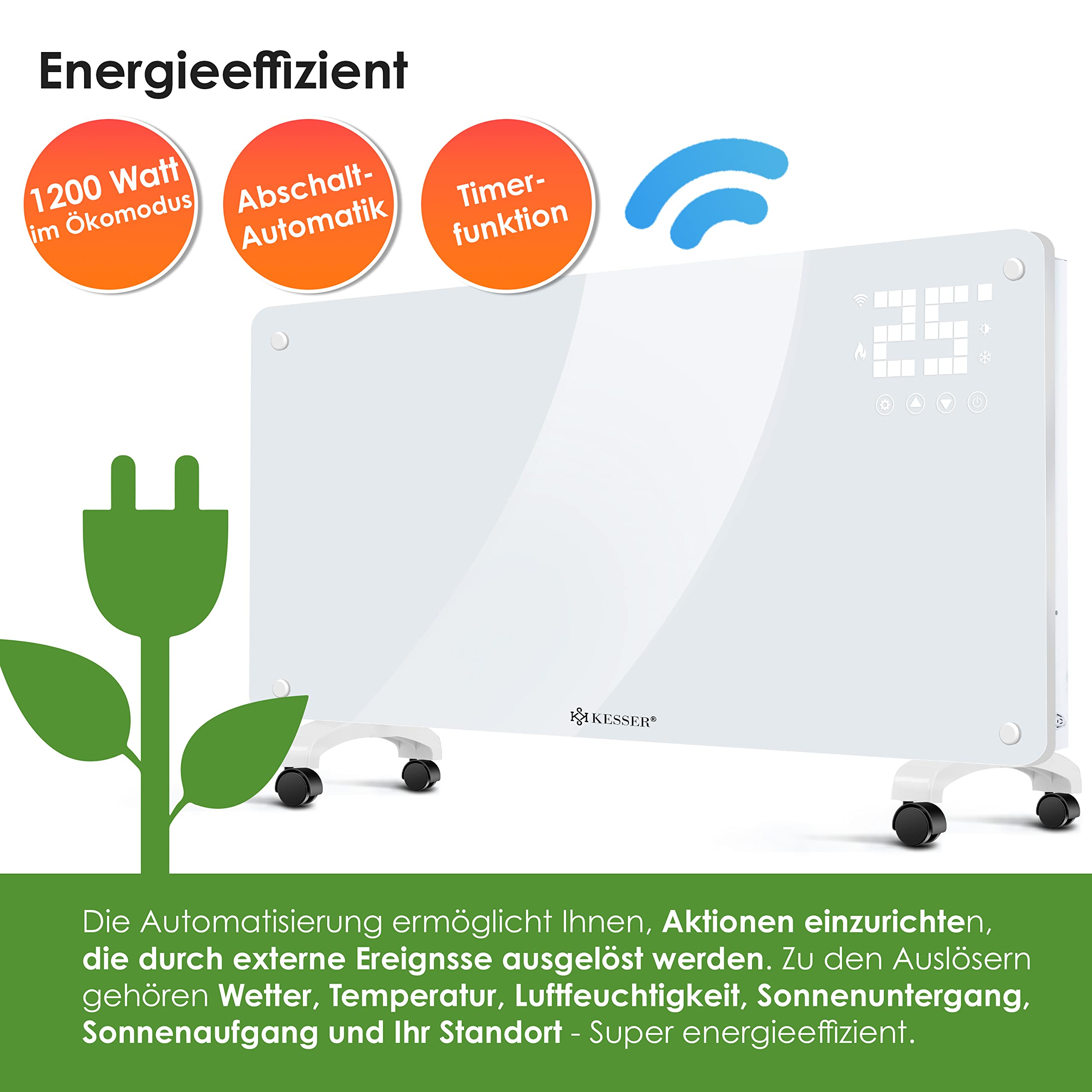 KESSER® Convector de cristal calefactor eléctrico APP función WiFi incluye mando a distancia calefacción eléctrica de pie o pared radiador | pantalla táctil | temporizador | 2500 W |