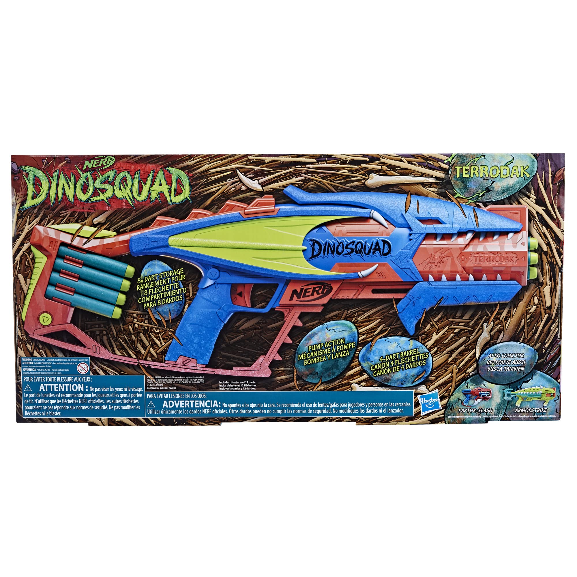 Nerf DinoSquad Terrodak, 12 fléchettes Nerf Elite, motif dinosaure, 4 fléchettes en mousse pour jeux de plein air pour enfants