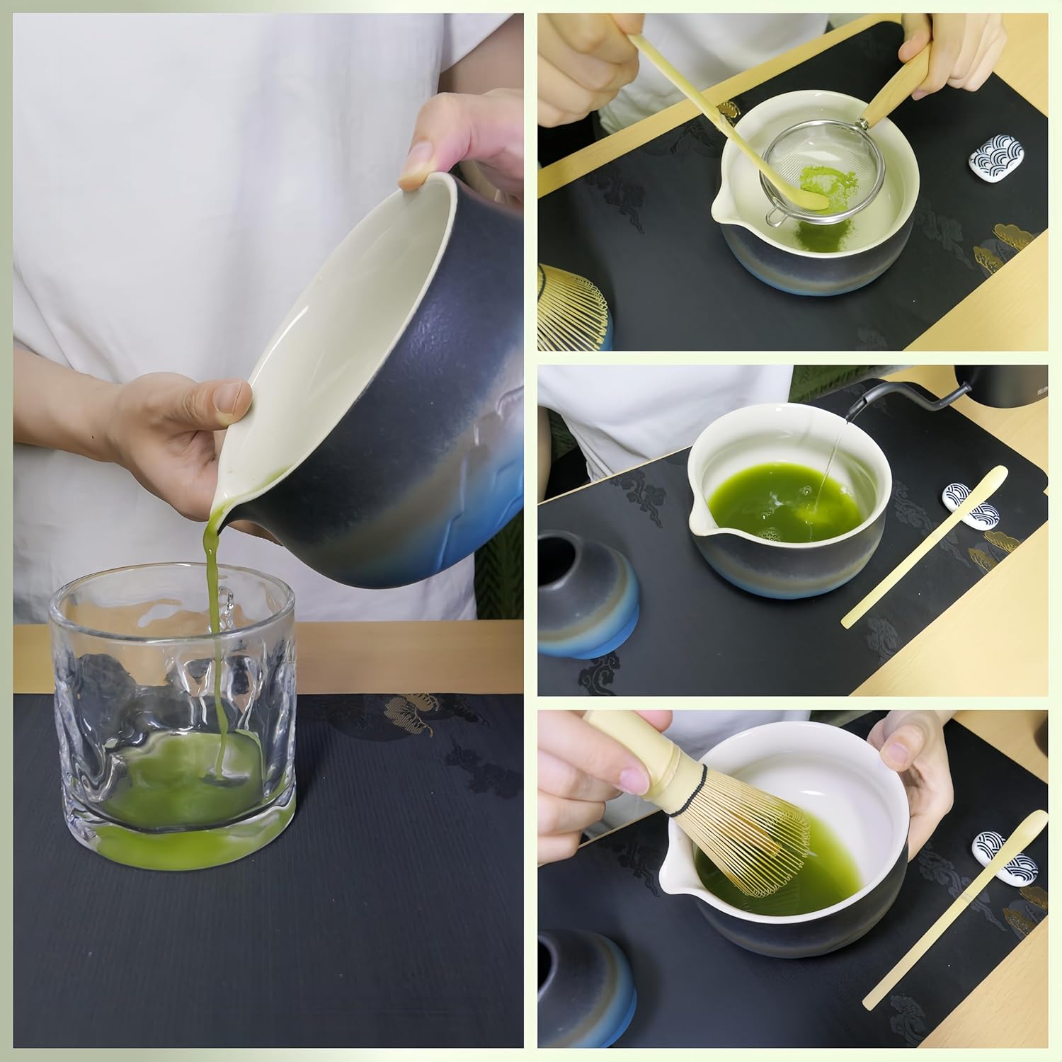 7 Pcs Matcha Whisk Set - Complete Matcha Kit Set Includes Matcha Bowl with Spout, Bamboo Whisk with Holder, Scoop, Sifter, Scoop Holder, Tea Towel - Ideal Gift for Matcha Lovers (Blue)