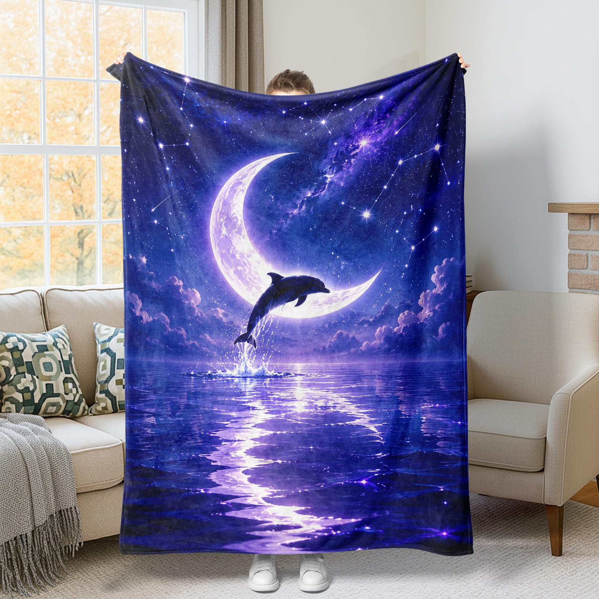 Couverture en flanelle douce dauphin, lune et étoiles bleu premium