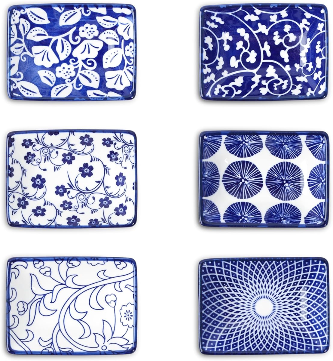 Selamica Ceramic Soy Sauce Dish, Rectangulal Side Dishes, 3.75 Inch Dipping Bowls for Sauce Ketchup Sushi Condiment Seasoning, Set of 6, Vintage Blue