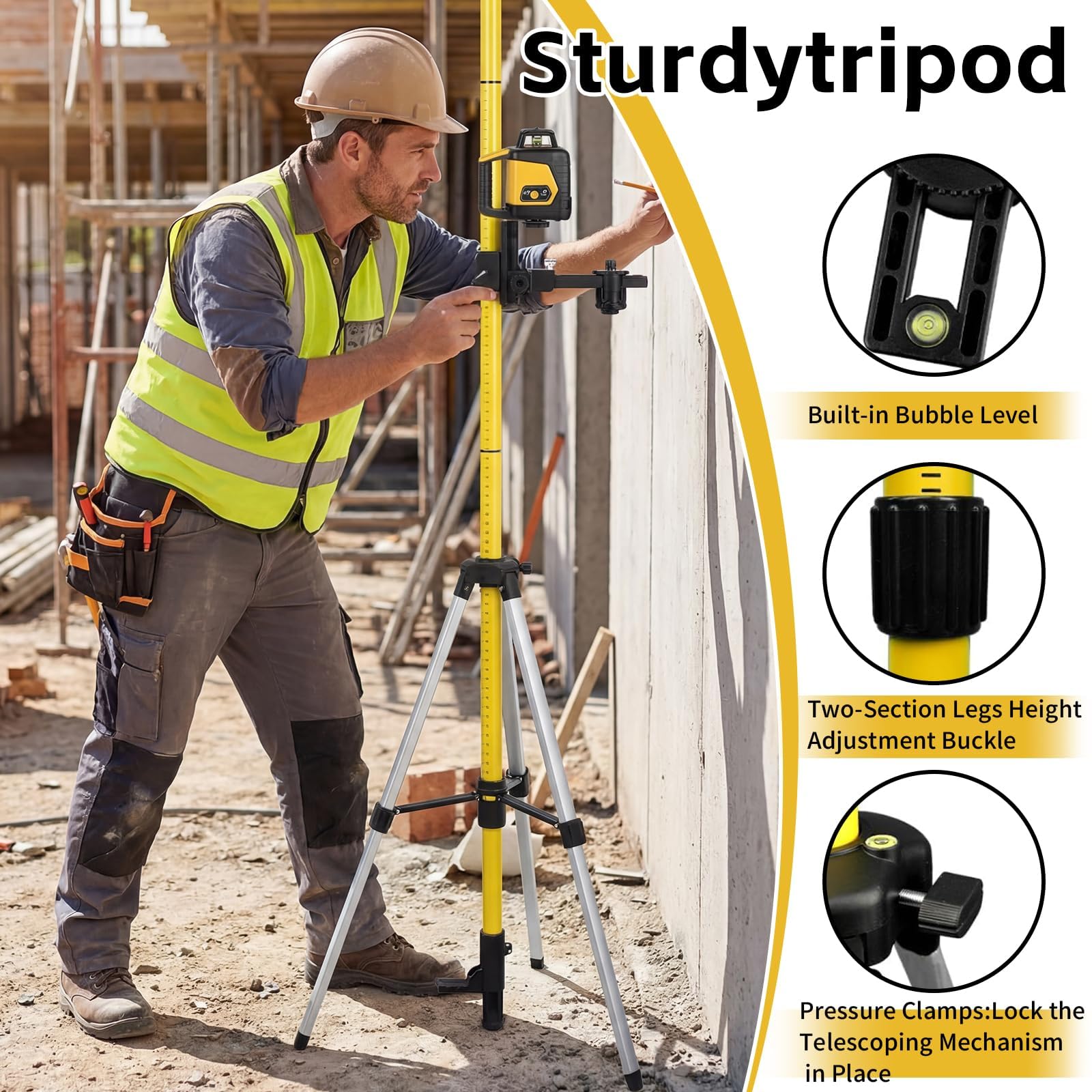 Poste de nivel láser, trípode telescópico de 3,7 m con soporte láser de 1/4 pulgadas por 20 pulgadas para láseres giratorios y de línea, telescopio ajustable