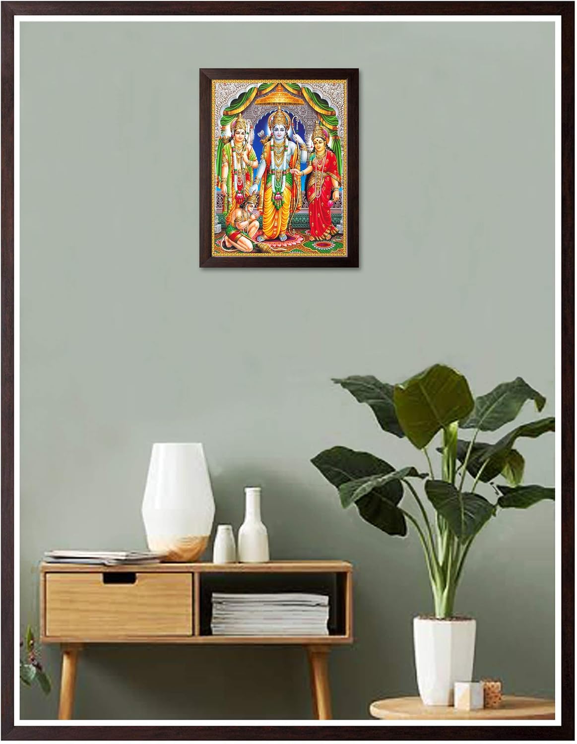 Art n Store Lord Ram Devi Sita, Laxman & Lord Hanuman Painting HD Printed Religious & Wall Decor Picture with Plane Brown Frame (30 X 23.5 X 1.5 cm_ Brown Wood)