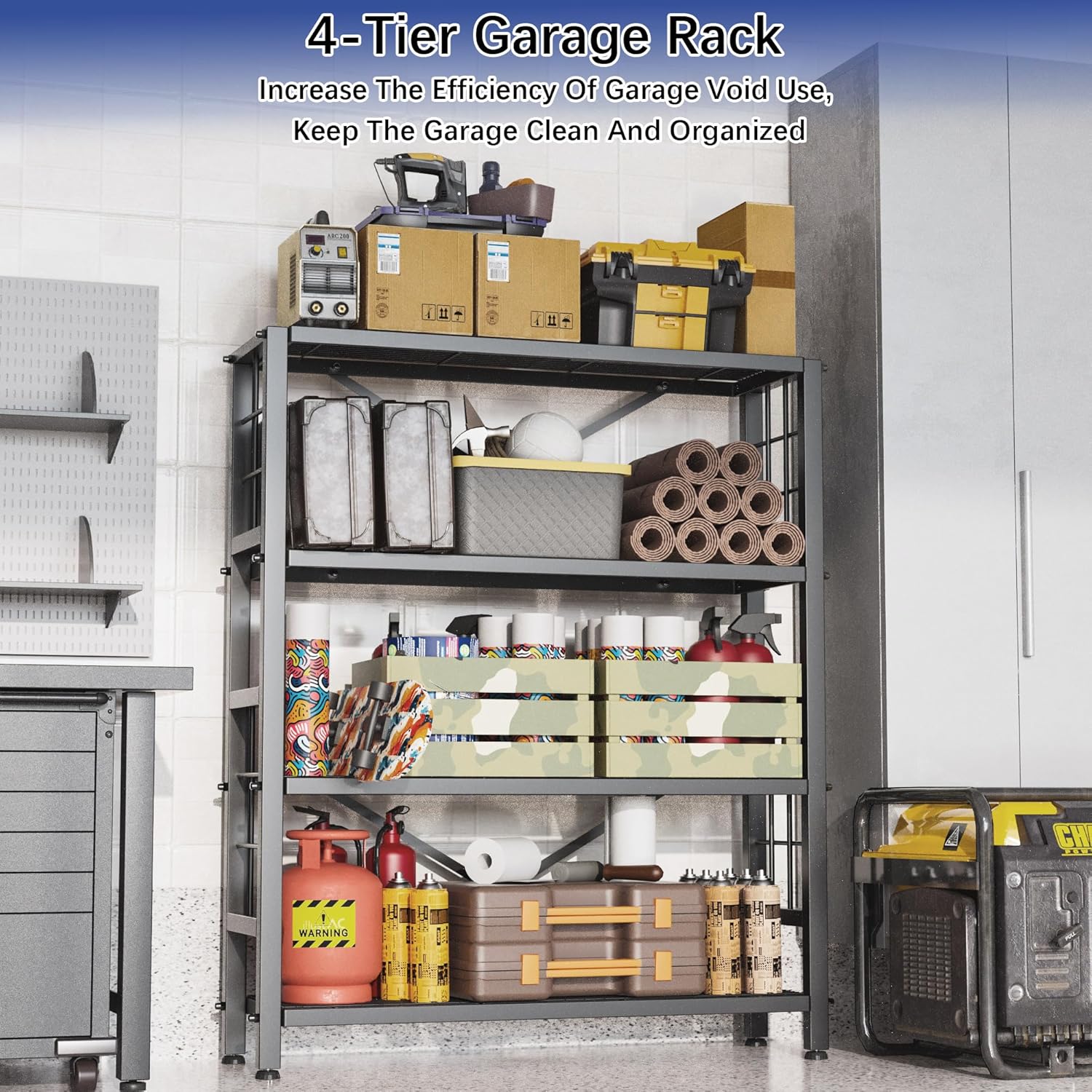 4-Tier Garage Shelving,Commercial-Grade Steel Storage Unit with 1200LB Load Bearing,for Garage, Basement,Laundry & Kitchen Organization,All-Steel Shelving Rack in Black,37.8"D x 14.2"W x 50.2"H
