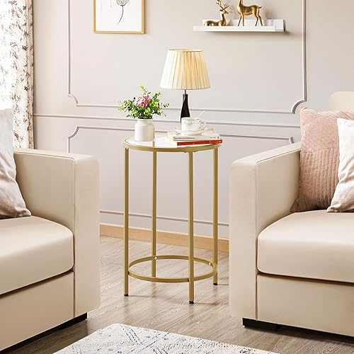 Miniatura 4 de Yaheetech Mesa auxiliar de cristal, mesita de noche pequeña con parte superior de vidrio y marco de metal para sala de estar, balcón, dormitorio,