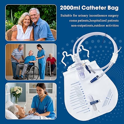 Miniatura 5 de Bolsas de catéter para hombres y mujeres, bolsas de drenaje urinario de 67.6 fl oz, cámara de goteo antirreflujo mejorada, tubo grueso de 48