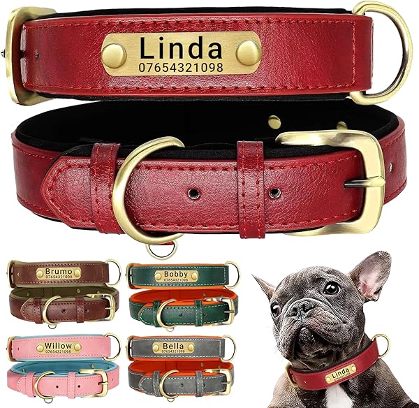 Genuine Leather Dog Collar Personalised, Soft Padded Leather Dog Collars Heavy Duty with Custom Engraved Name Plate Adjustable for Small Medium Large Dogs (L, Red 35-45cm) - 1