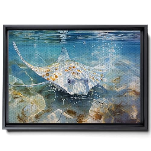 Nautical Print on Canvas for Wall Decor, Ocean Fish Manta Ray Canvas Wall Art, Beach Print for Wall Hang, Turquoise Coastal Pictures Wall Decor,