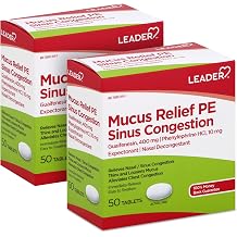 Leader Mucus Relief PE Sinus Congestion, Expectorant; Nasal Decongestant, Thins and Loosens Mucus, Immediate-Release, Alleviates Chest Congestion, 50 Tablets Pack of 2